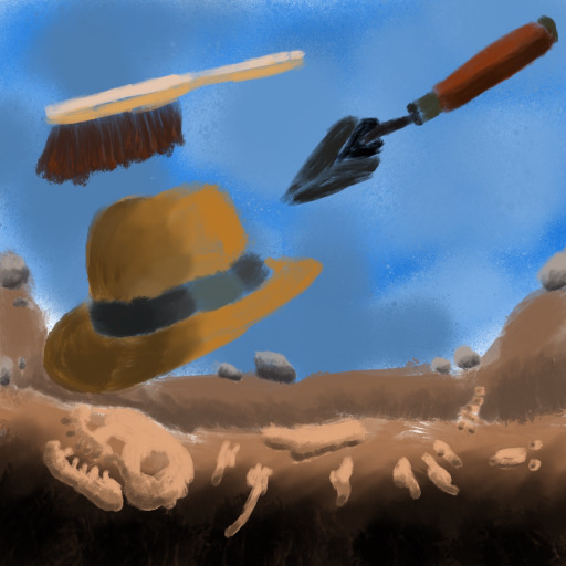 Archeologist hat, brush, and trowel, in a dinosaur dig site
